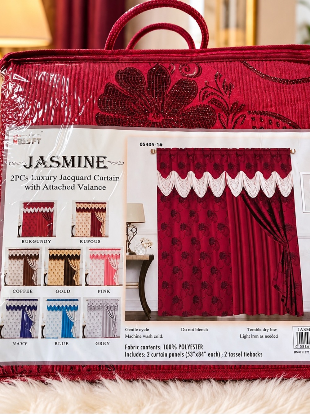 JASMINE Burgundy Jacquard Curtain Set with Valance